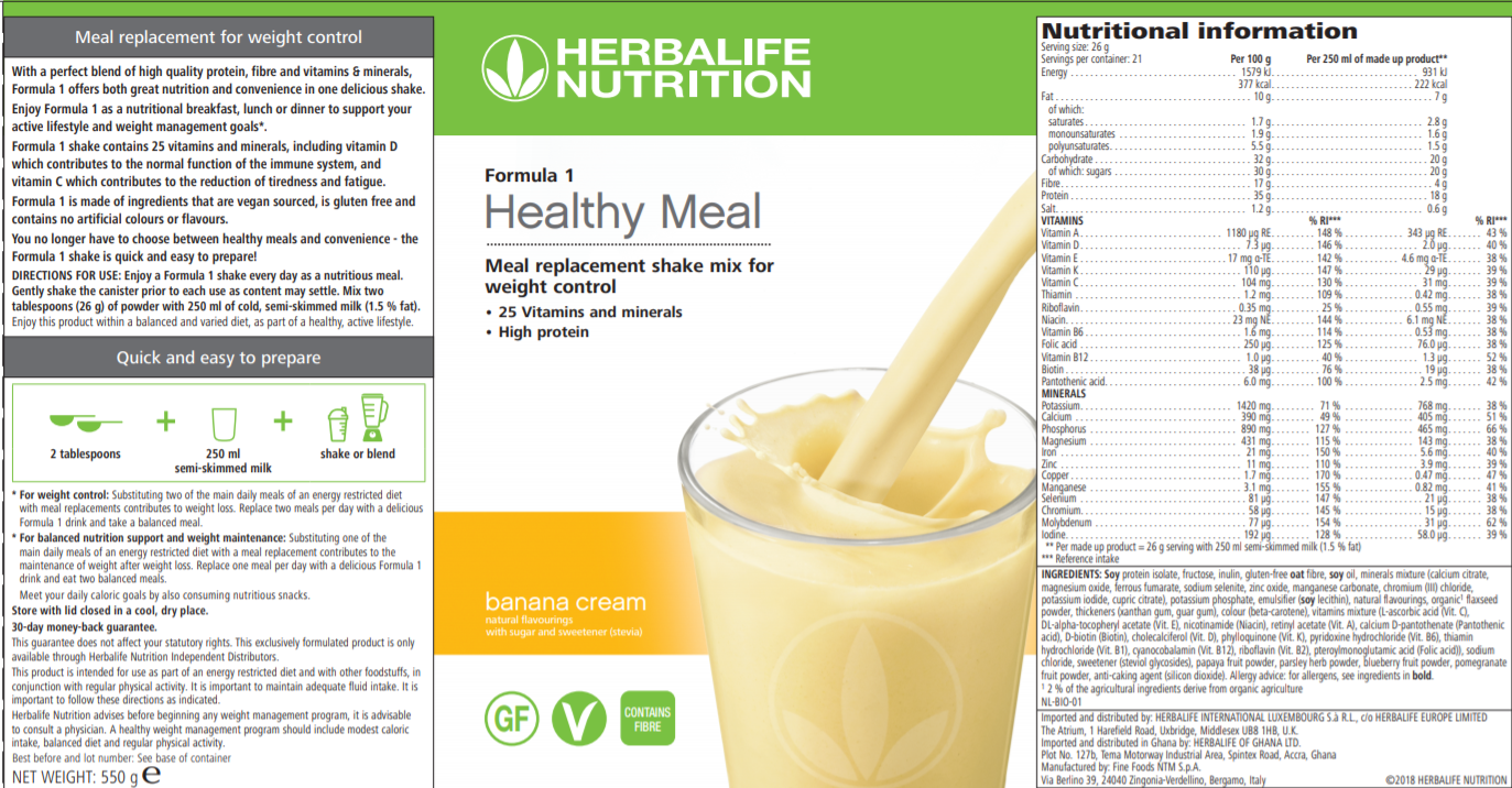 Nutritional Information Herbalife Formula 1 Nutritional Shake Mix Banana Cream 550 g