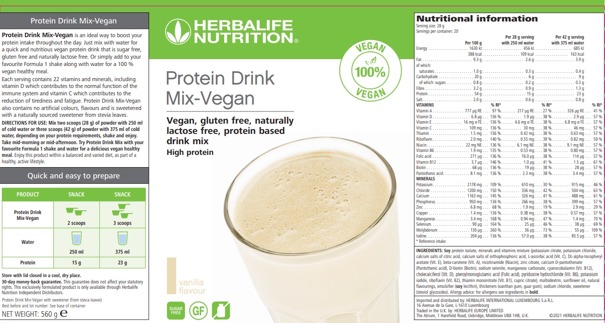 Label info Vegan Protein Drink Mix Vanilla 560g