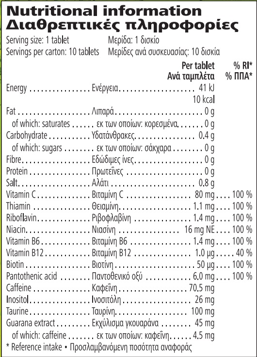 Nutritional Info Lift Off Effervescent Energy Drink Lemon-lime 10 tablets per box