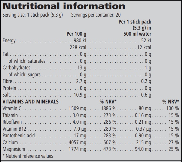 Nutritional Info Hydrate Orange 20 stick packs